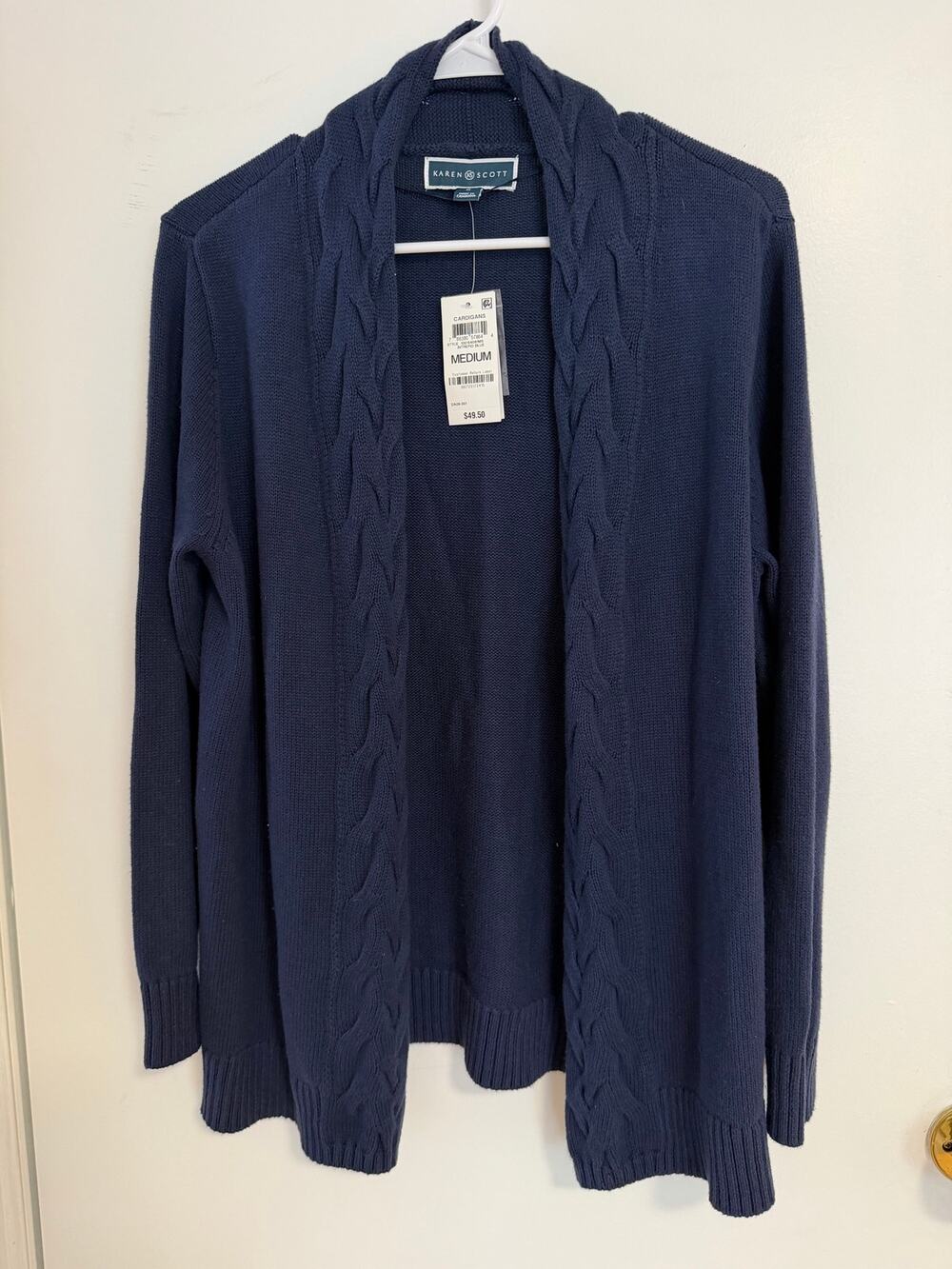 Karen Scott 100% Cotton Cable Knit Cardigan Navy Blue M NWT